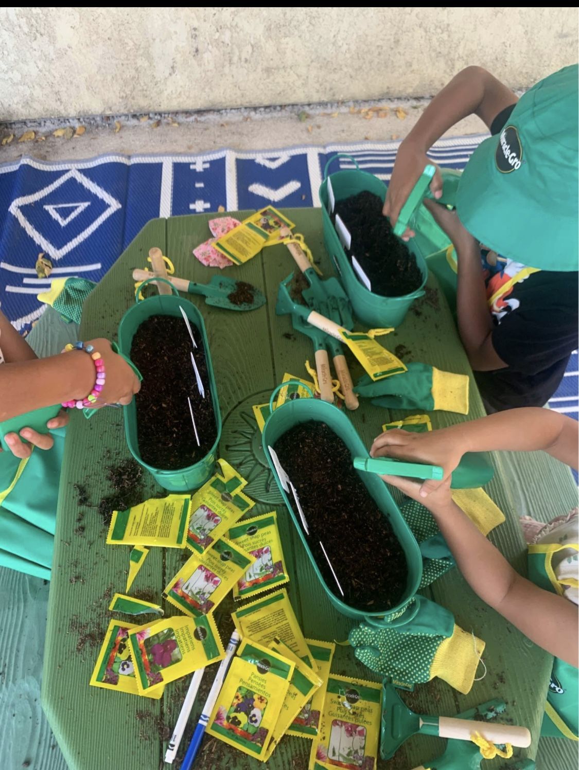 Children's hands planting seeds in small pots on gardening day